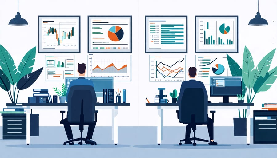 "A professional split-screen image showing an asset manager focusing on financial charts and strategic planning on one side, and a property manager dealing with tenant relations and property maintenance on the other side."