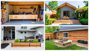 Collage of individuals working on various beginner DIY construction projects including a workbench, floating shelves, garden planter box, and backyard fire pit.