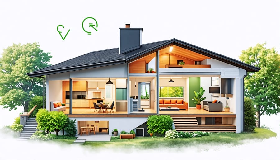 Cross-section illustration of a home with energy saving design elements