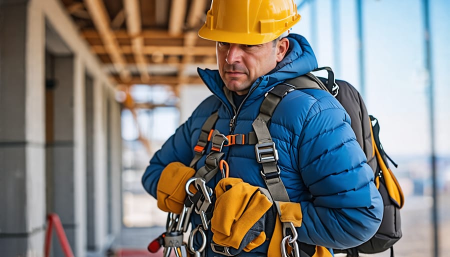 Worker in safety harness and helmet secured to anchor point on elevated platform