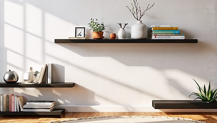 Floating shelves elegantly displaying decor and books in a living space