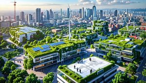 Aerial view of a sustainable city with green rooftops, solar panels, and wind turbines, with professionals collaborating on construction plans in the foreground.