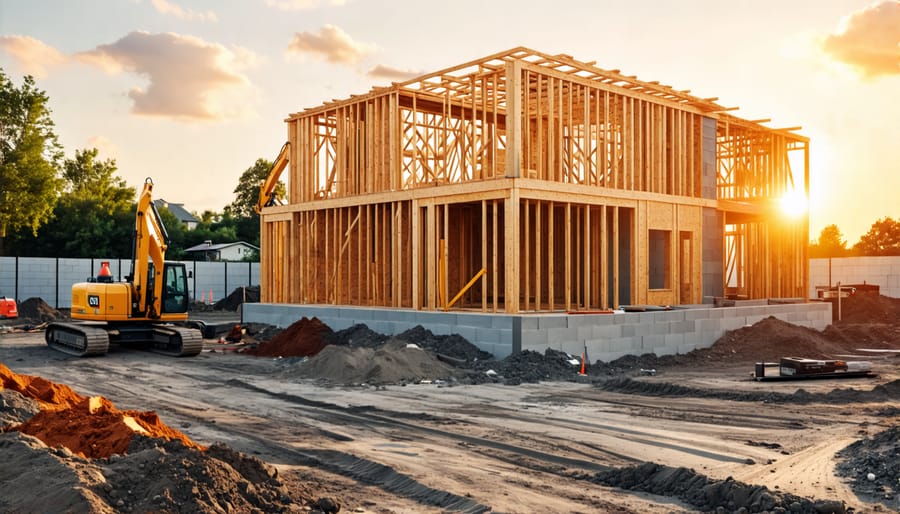 Unfinished house under construction with building materials and equipment