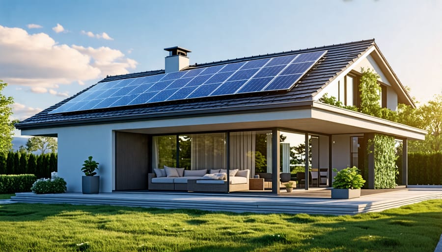 Exterior view of a contemporary energy-saving home with solar panels and efficient windows