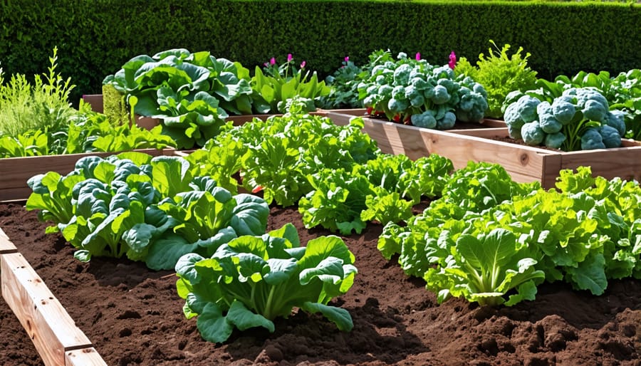 Thriving vegetable garden growing in custom-built raised wooden planter boxes