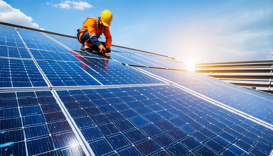 Renewable energy engineers installing a solar power system on a building