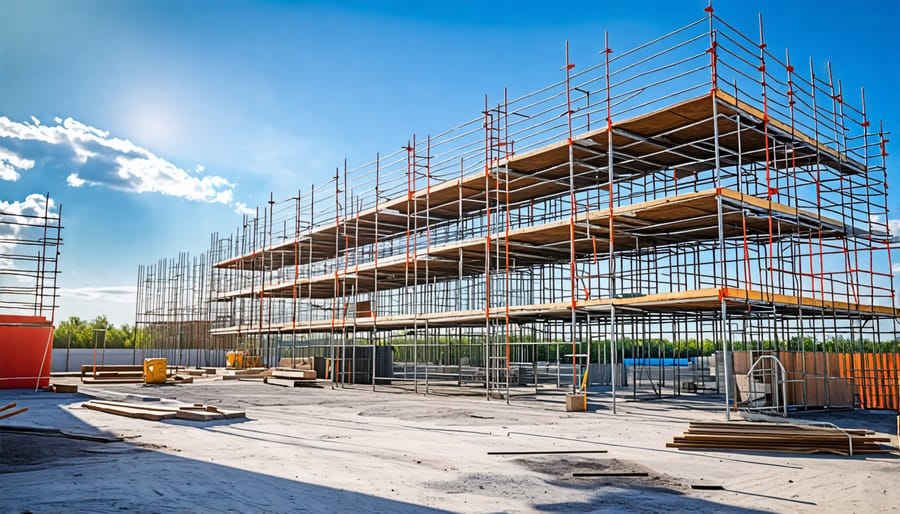 Sturdy metal scaffolding with guardrails and stable base on level ground