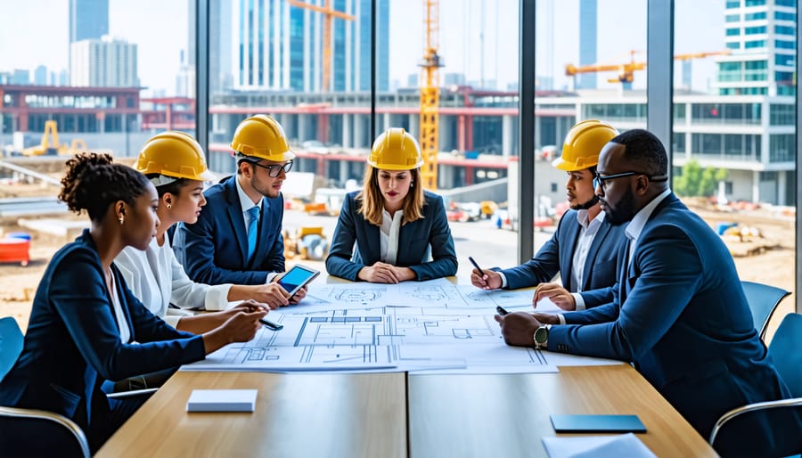 A diverse group of stakeholders collaboratively discussing project plans around a table, with a construction site visible in the background.