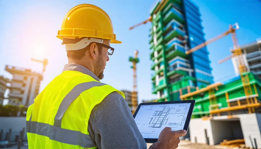 Sustainable construction manager supervising an eco-friendly building site