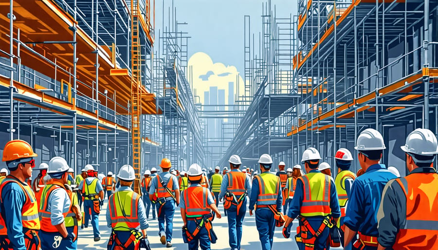 Construction site with workers in full safety gear, including hard hats, harnesses, and reflective vests, surrounded by scaffolds, ladders, and safety signs that highlight OSHA compliance.