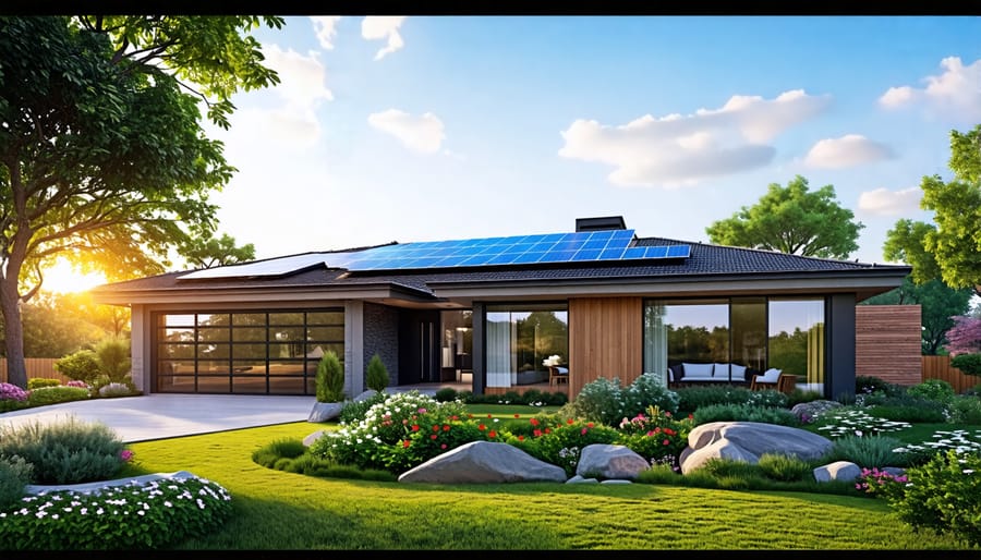 Exterior view of a modern, energy-efficient home equipped with solar panels on the roof and large, energy-saving windows, surrounded by a landscaped yard with native plants.