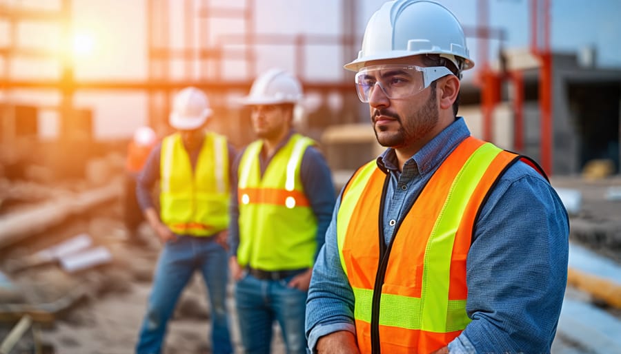 Group of diverse construction workers wearing appropriate personal protective equipment