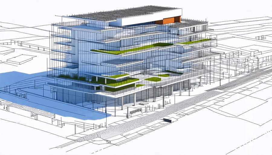 A digital illustration showing a building design using 3D BIM modeling tools