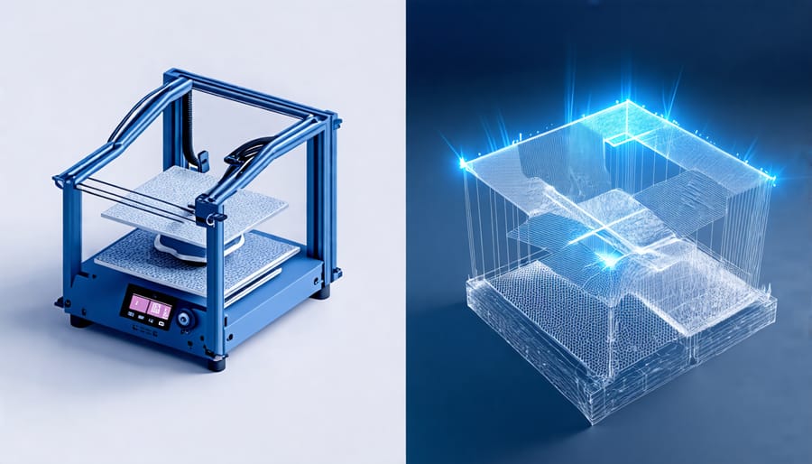 A 3D printer creating a building model with intricate designs, representing advancements in 3D printing