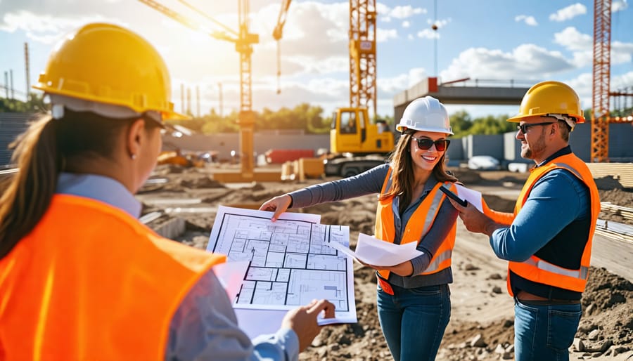 A realistic image showcasing a group of stakeholders, including engineers and project managers, actively discussing on a construction site