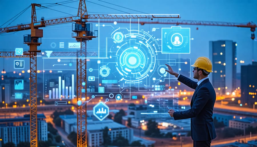 A construction manager utilizing a digital interface with AI tools on a futuristic site, illustrating AI's role in optimizing project management.