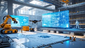 A futuristic construction site where AI-controlled machinery and human engineers work together, featuring digital blueprints, drones, and robotic equipment, demonstrating the integration of AI technology in building processes.