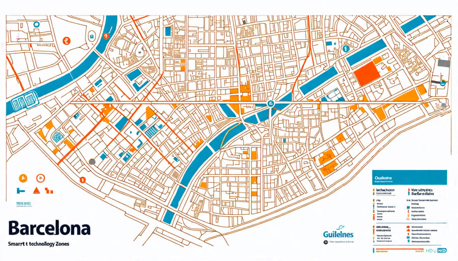 Map of Barcelona with highlighted zones showcasing areas with implemented smart technology