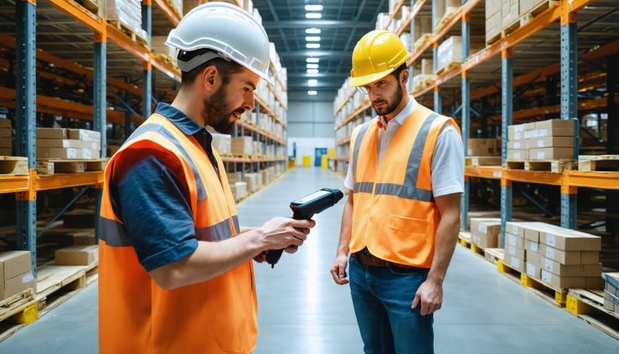 Construction workers scanning barcodes to track inventory in a warehouse setting