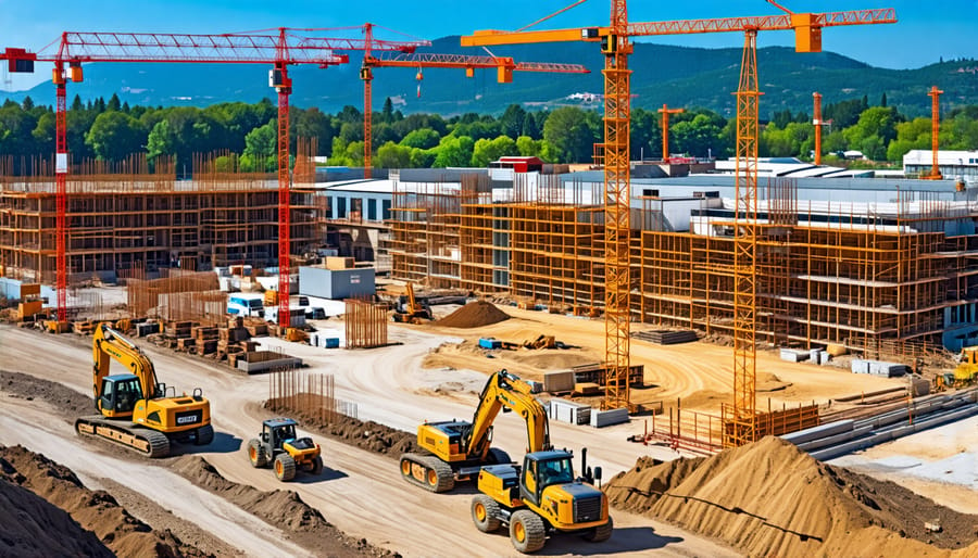 View of a construction site with cranes, showcasing a bond-financed project