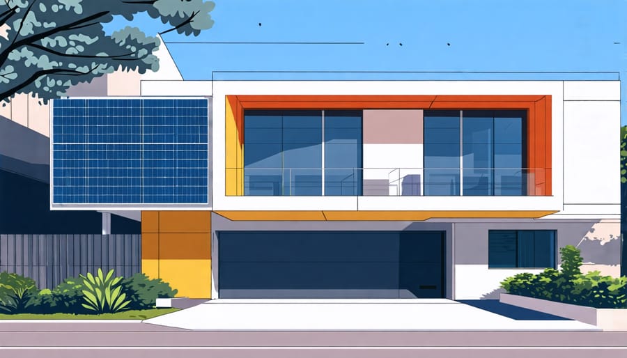 Architectural rendering of a building with solar panels built into its exterior walls