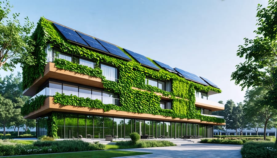 Sustainable building with green walls and solar panels demonstrating climate resilience