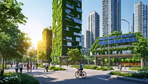 A modern urban skyline with buildings featuring green walls and solar panels, exemplifying climate resilience and sustainable architecture.