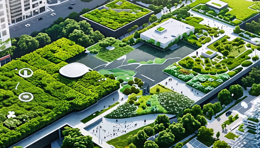 A conceptual collage depicting climate-resilient infrastructure, including green roofs, permeable pavements, seawalls, and smart materials, with a cityscape backdrop symbolizing sustainability and urban resilience.