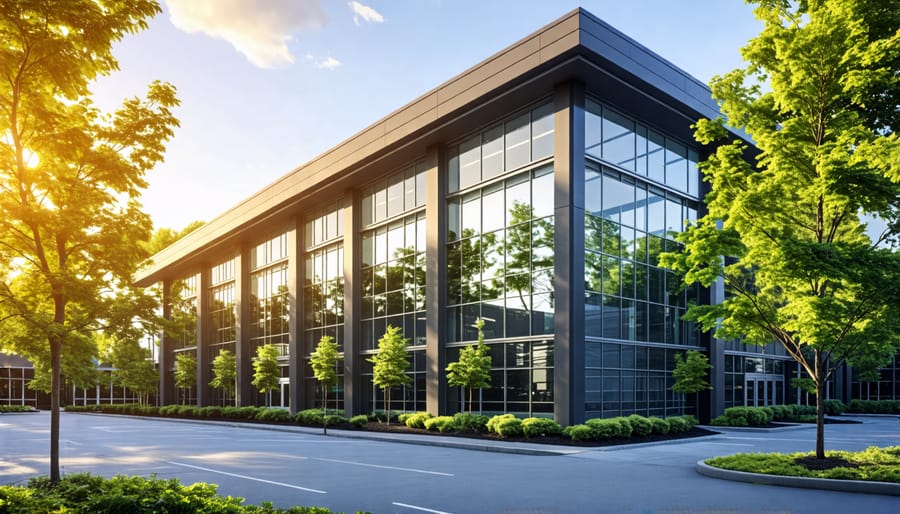 Exterior view of a retrofitted office building with green features