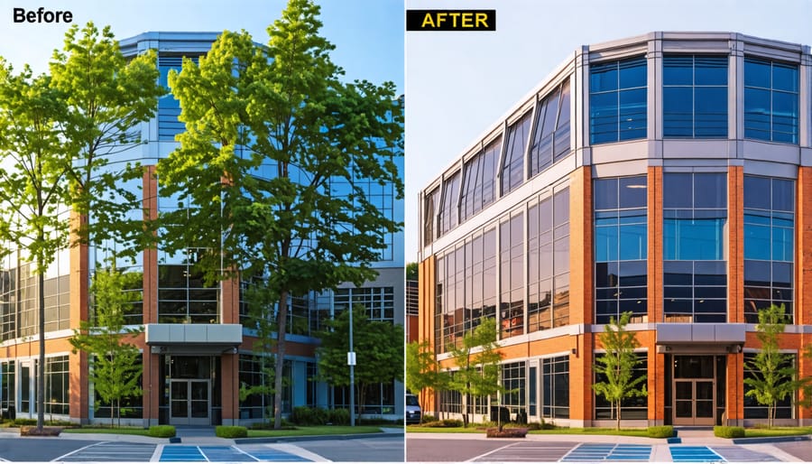 Images comparing a commercial building before and after an energy-efficient retrofit