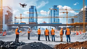 Diverse construction workers utilizing modern technology to solve skilled labor shortages on a collaborative building site.