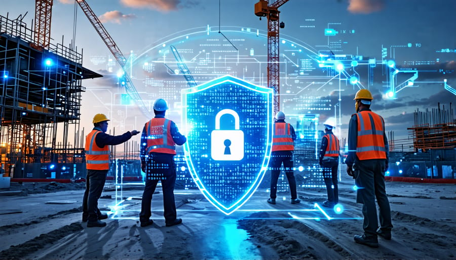 Conceptual illustration of a construction site with digital security elements and data protection overlays