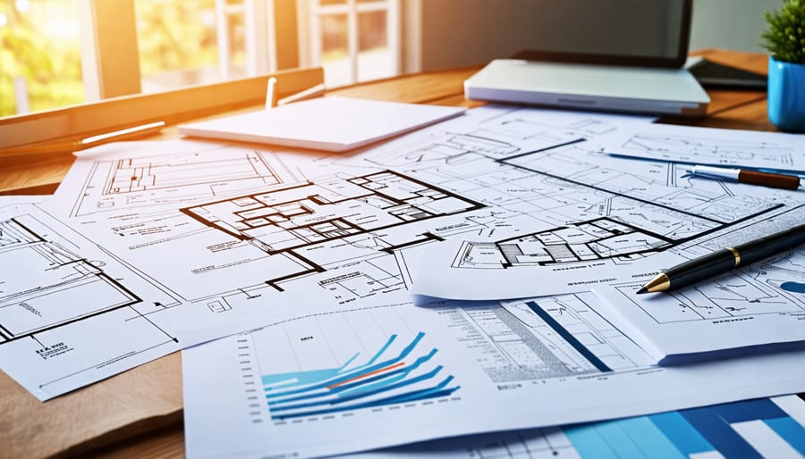 Construction blueprints and financing paperwork on a desk