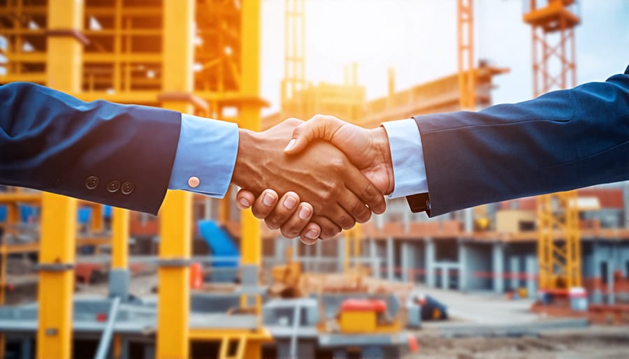 Investor and contractor shaking hands at a construction project