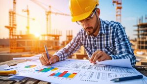 An underwriter reviewing blueprints at a construction site, surrounded by financial charts and risk management documents, illustrating the comprehensive process of construction loan underwriting.