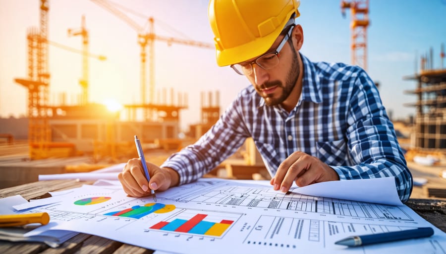 An underwriter reviewing blueprints at a construction site, surrounded by financial charts and risk management documents, illustrating the comprehensive process of construction loan underwriting.