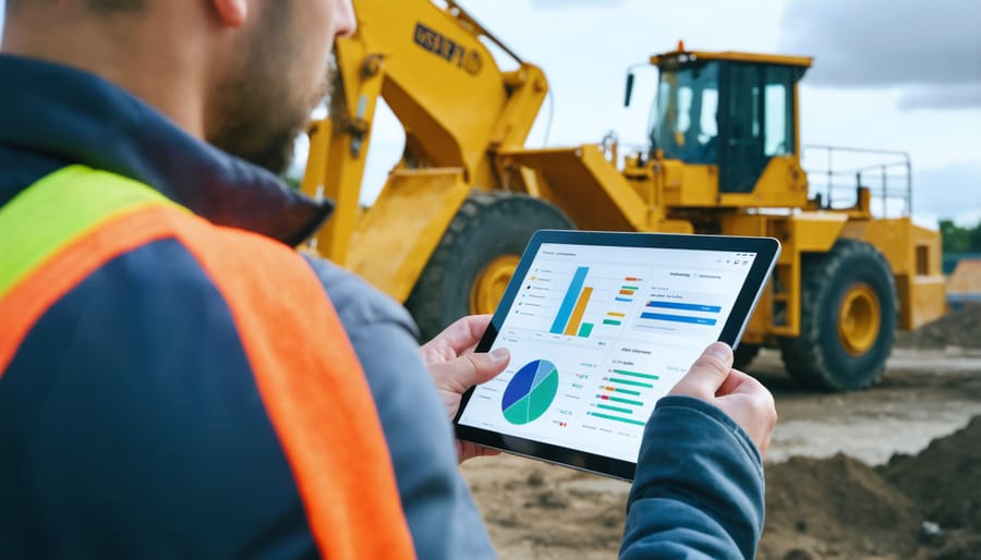 Construction manager utilizing procurement software on a tablet computer at a construction site