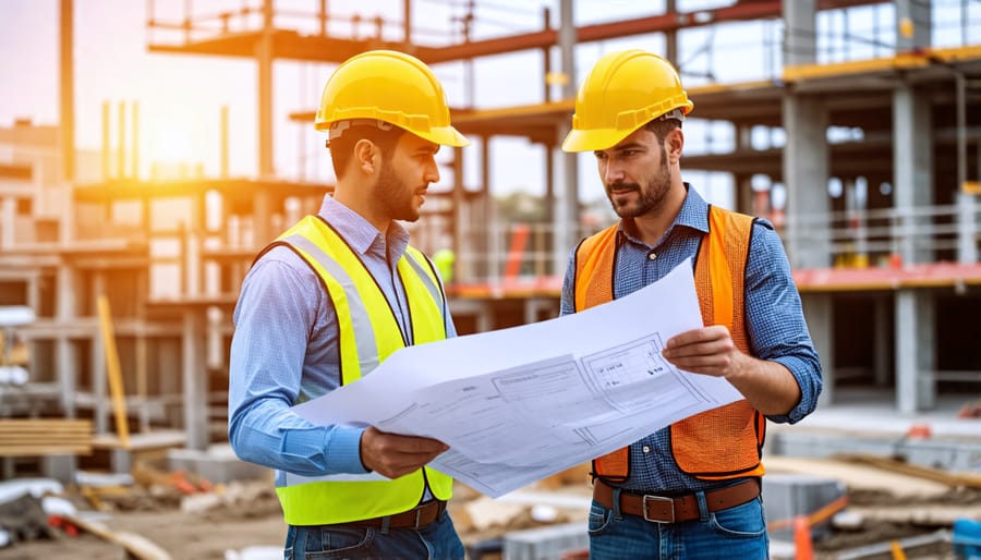 Group of construction managers collaborating on project plans at a construction site