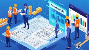 A dynamic scene of a construction site showcasing multiple procurement activities including contract discussions, supplier interactions, and a digital dashboard displaying procurement KPIs, symbolizing effective project procurement management.