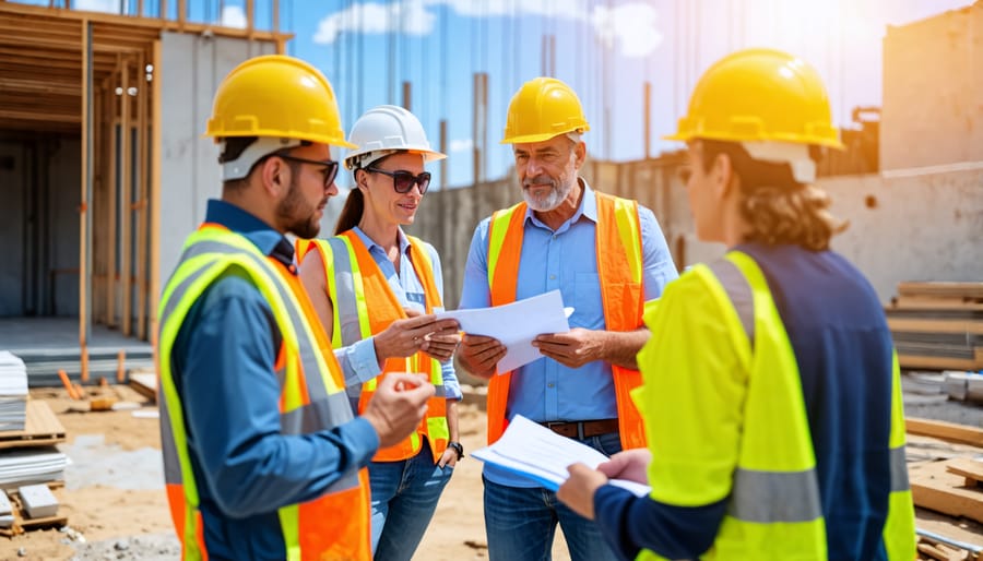 Construction professionals including architects and engineers discussing plans on a building site