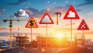 Conceptual illustration of a construction site with icons representing various risks like weather, financial issues, equipment failure, and safety hazards.