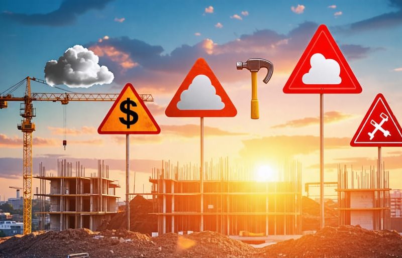 Conceptual illustration of a construction site with icons representing various risks like weather, financial issues, equipment failure, and safety hazards.