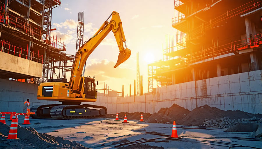 A bustling construction site featuring modern robots and AI-driven tools improving efficiency