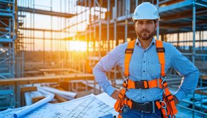 A representation of comprehensive construction safety standards, depicting guardrails, scaffolding, and a worker with fall protection gear.