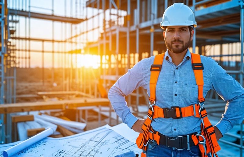 A representation of comprehensive construction safety standards, depicting guardrails, scaffolding, and a worker with fall protection gear.