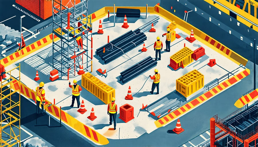 Conceptual illustration of a construction site focused on safety measures, featuring workers in PPE, safety barricades, and visual cues for key hazards like falls, struck-by incidents, and electrical dangers.