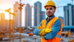 A construction worker in full safety gear stands at a modern construction site, symbolizing adherence to key construction safety regulations and cutting-edge safety practices.