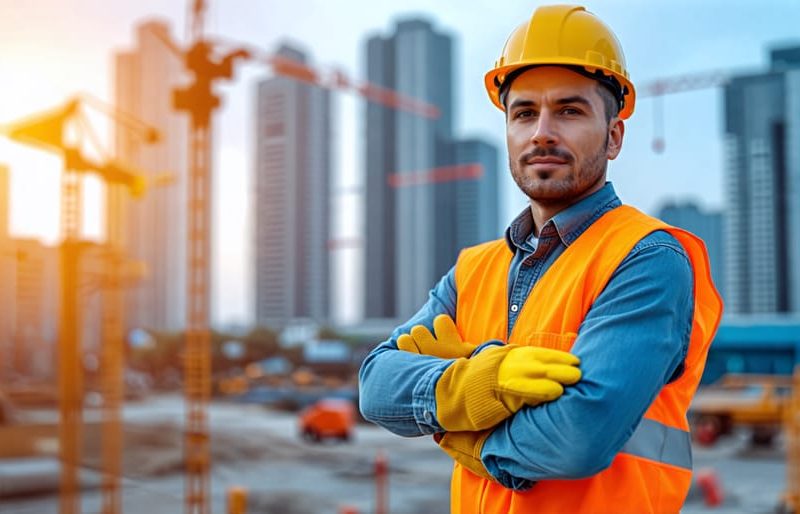 A construction worker in full safety gear stands at a modern construction site, symbolizing adherence to key construction safety regulations and cutting-edge safety practices.