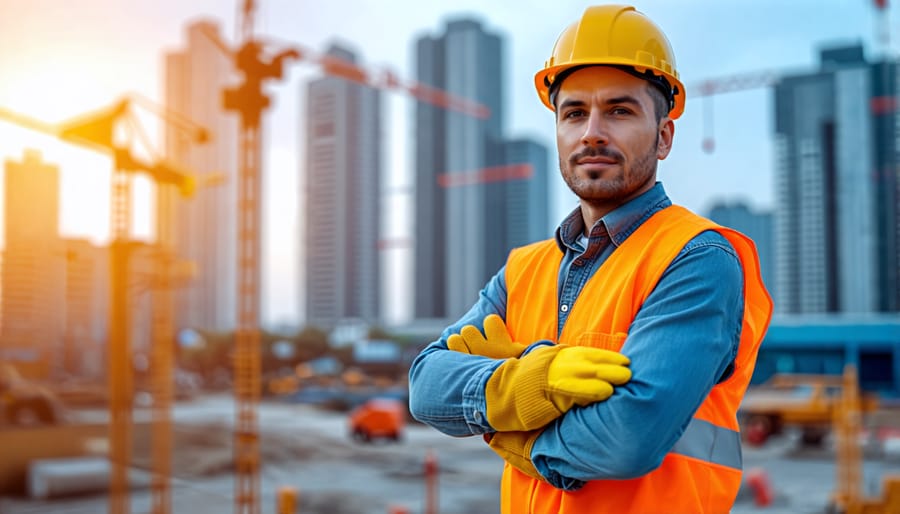 A construction worker in full safety gear stands at a modern construction site, symbolizing adherence to key construction safety regulations and cutting-edge safety practices.