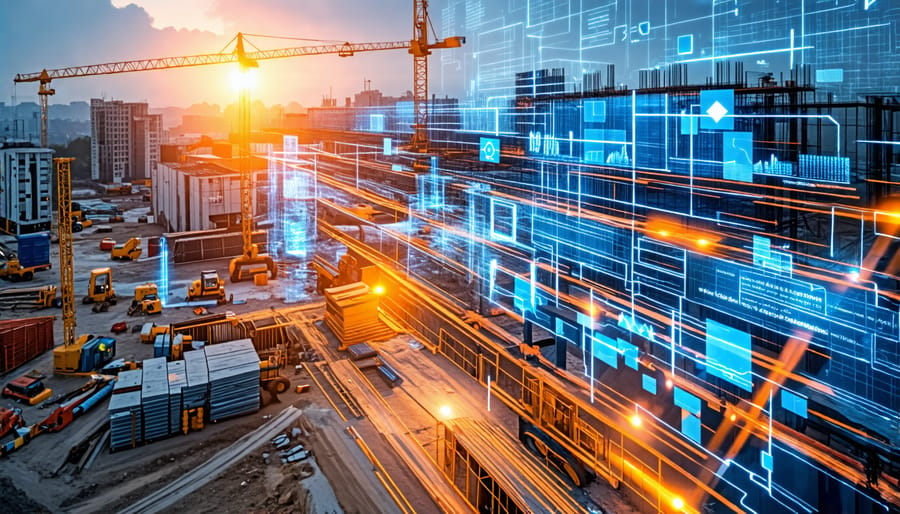 Construction project site equipped with IoT sensors and devices for real-time data collection and digital twin integration